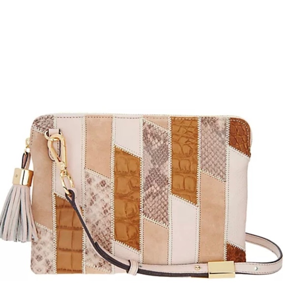G.I.L.I. Leather And Suede Patchwork Crossbody Tan Multi OS NWOT - Picture 1 of 16